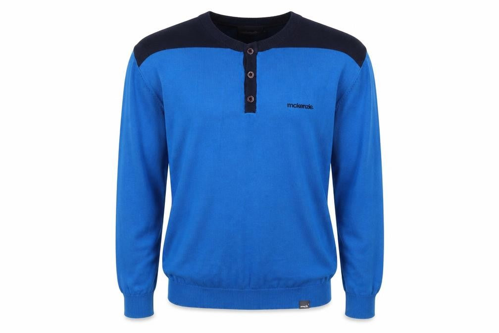 Front view of McKenzie Men's Blue Henley Jumper, L, Casual Style