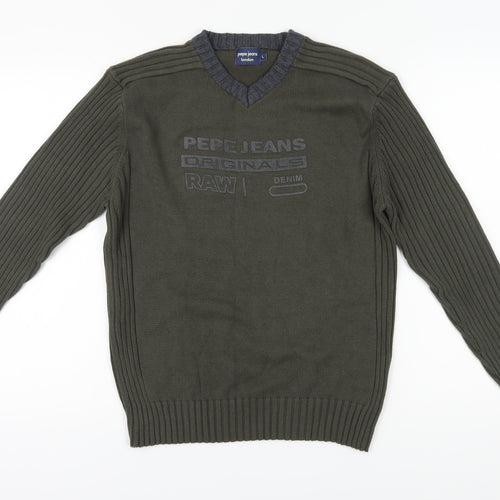 Pepe Jeans Men's Green V-Neck Pullover Jumper - Size L