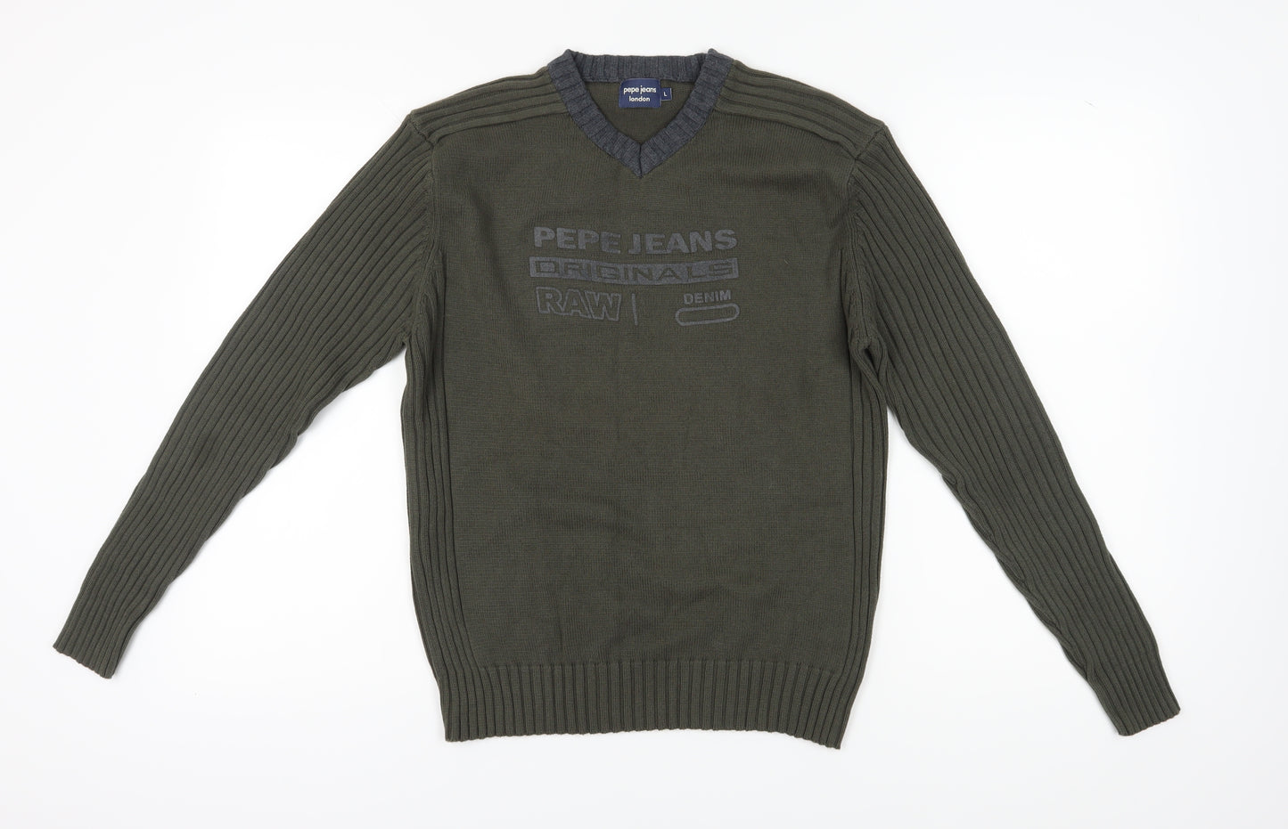 Pepe Jeans Men's Green V-Neck Pullover Jumper - Size L