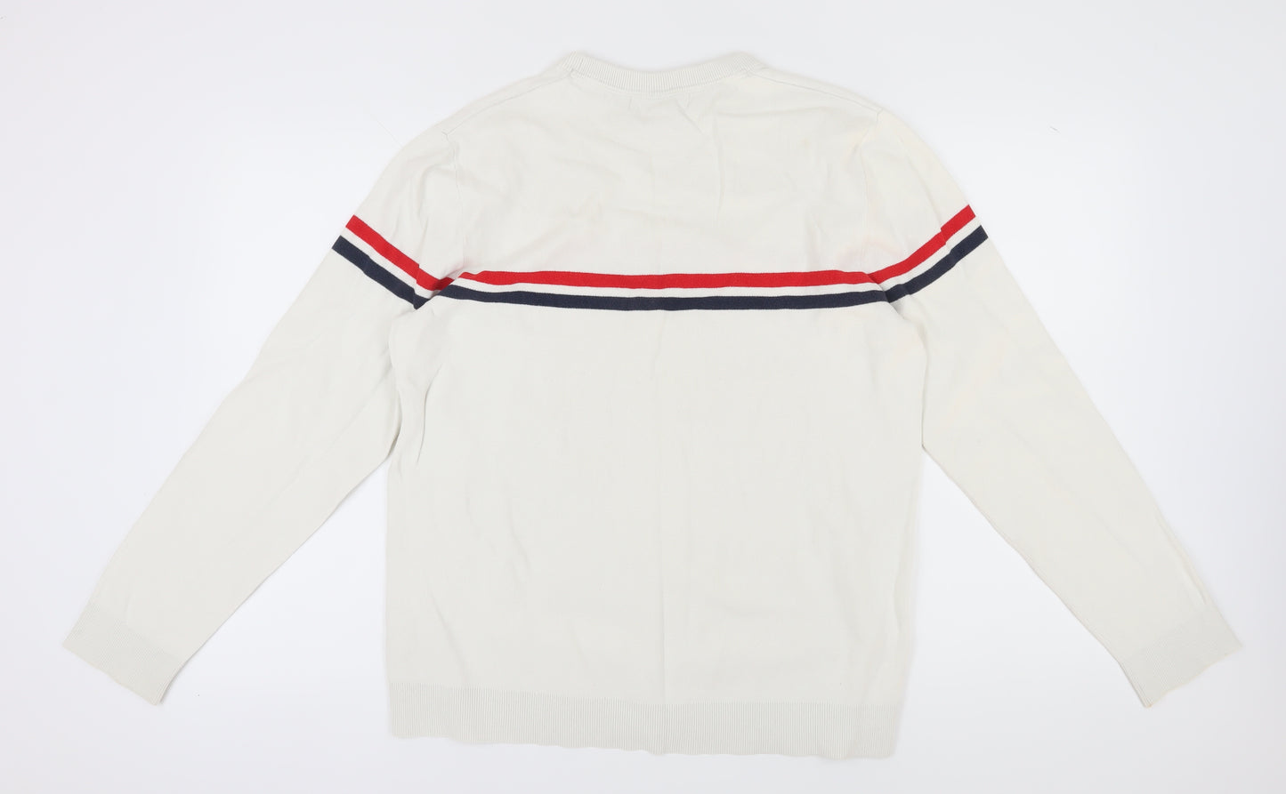 H&M Men's White Pullover Jumper, Size L, Cotton Crew Neck