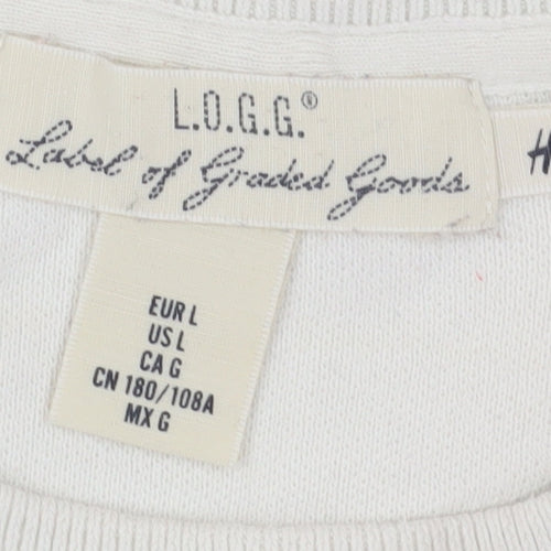 H&M Men's White Pullover Jumper, Size L, Cotton Crew Neck