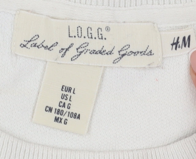 H&M Men's White Pullover Jumper, Size L, Cotton Crew Neck