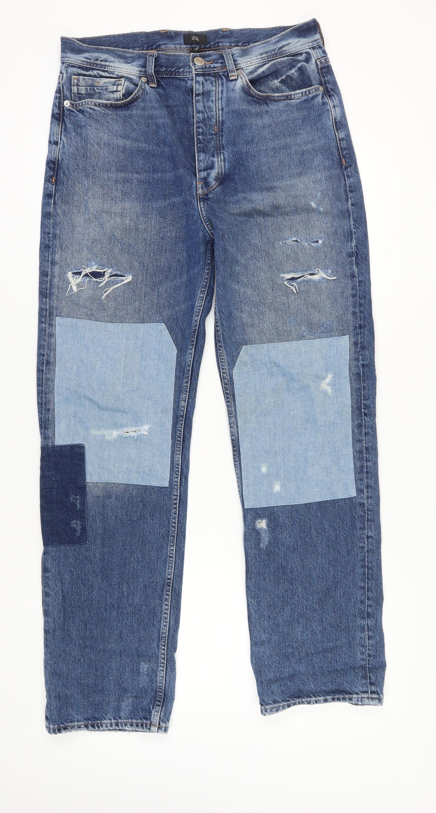 River Island Men's Blue Straight Jeans Distressed 32R