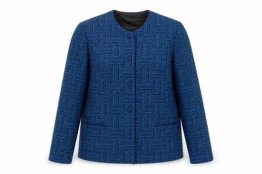 Front view of Dortona Women's Blue Geometric Jacket, size 14