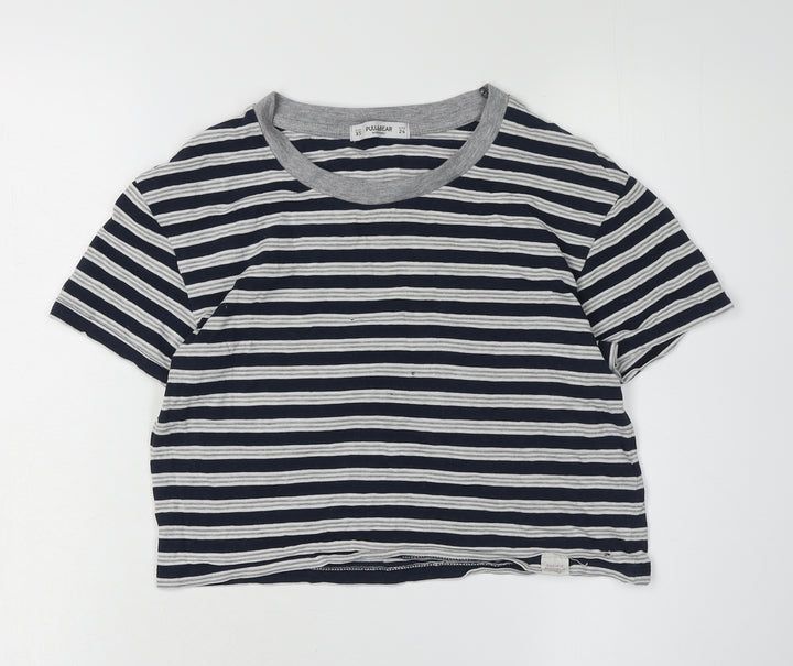 Pull & Bear Women's Blue Striped Cropped T-Shirt, XS