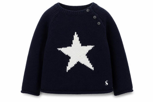 Front view of Joules unisex baby blue star jumper, 9-12 months, winter knit
