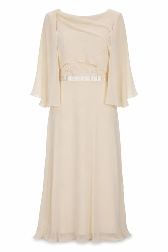 Front view of Fynadressr Women's Beige Long A-Line Flutter XL Dress