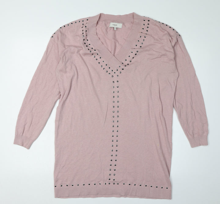 Next Women's Pink V-Neck Studded Pullover Jumper Size 12