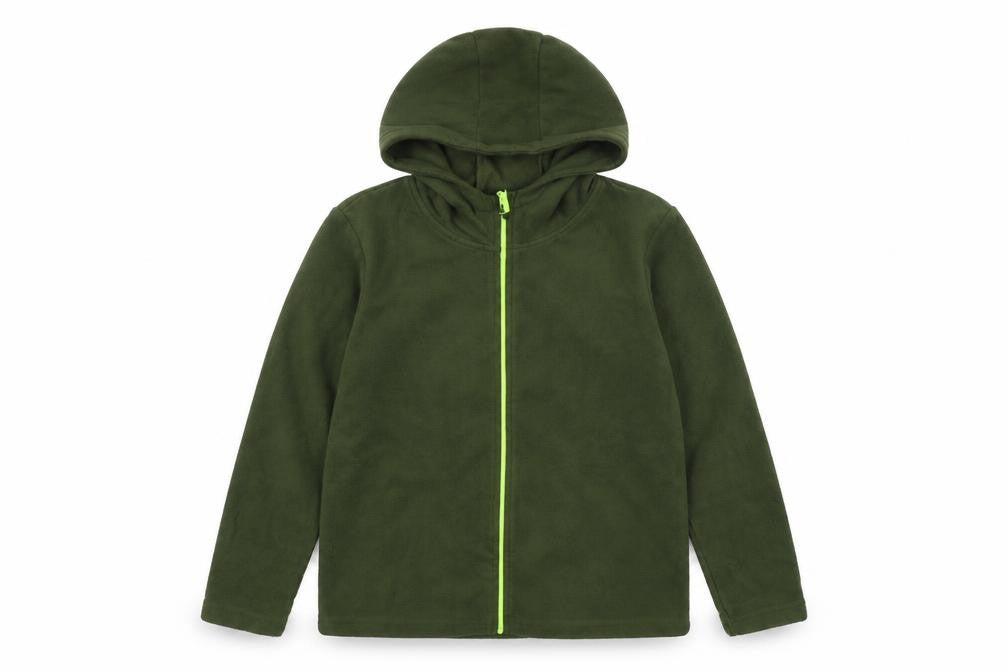 Front view of Mountain Warehouse boys’' green fleece jacket 7 years hooded zip