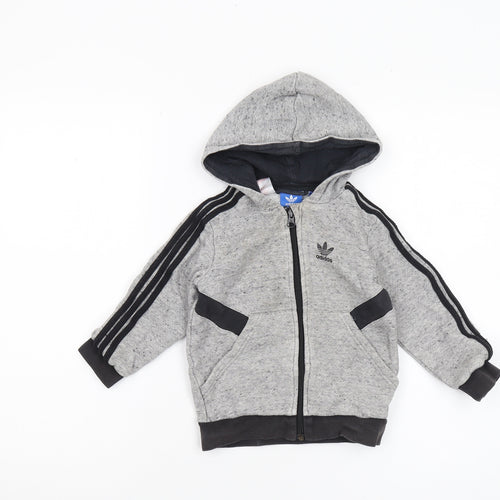Adidas Boys Grey Full Zip Hoodie 3-4 Years with Logo Accents