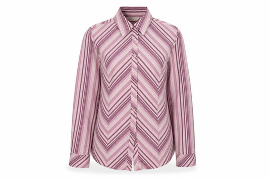 Front view of EWM Women's Pink Striped Button-Up Shirt, size 12
