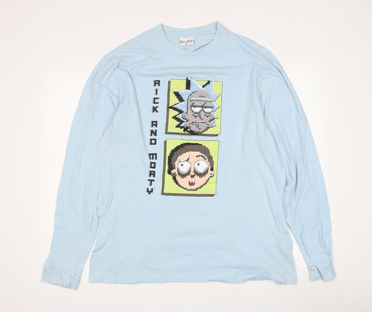 Front view of Rick and Morty Men's XL Blue Long Sleeve Cartoon T-Shirt