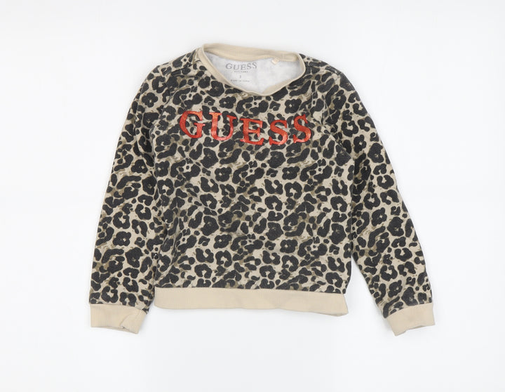 Guess Girls Beige Animal Print Pullover Sweatshirt 5-6Y