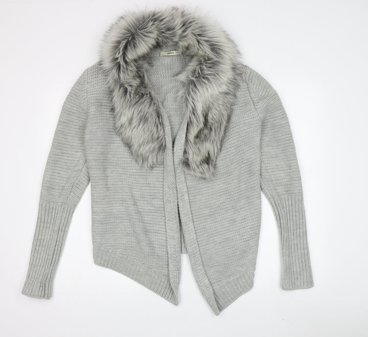Oasis Women's Grey Cardigan Fur Trim Size M
