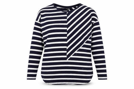 Front view of Warehouse Women's Black Striped T-Shirt, size 12