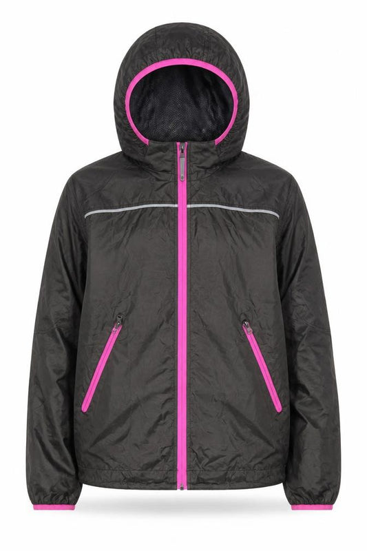 Front view of H&M unisex kids black hooded windbreaker jacket 14 years