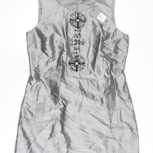 Oasis Women Grey Beaded Sheath Dress Size 14