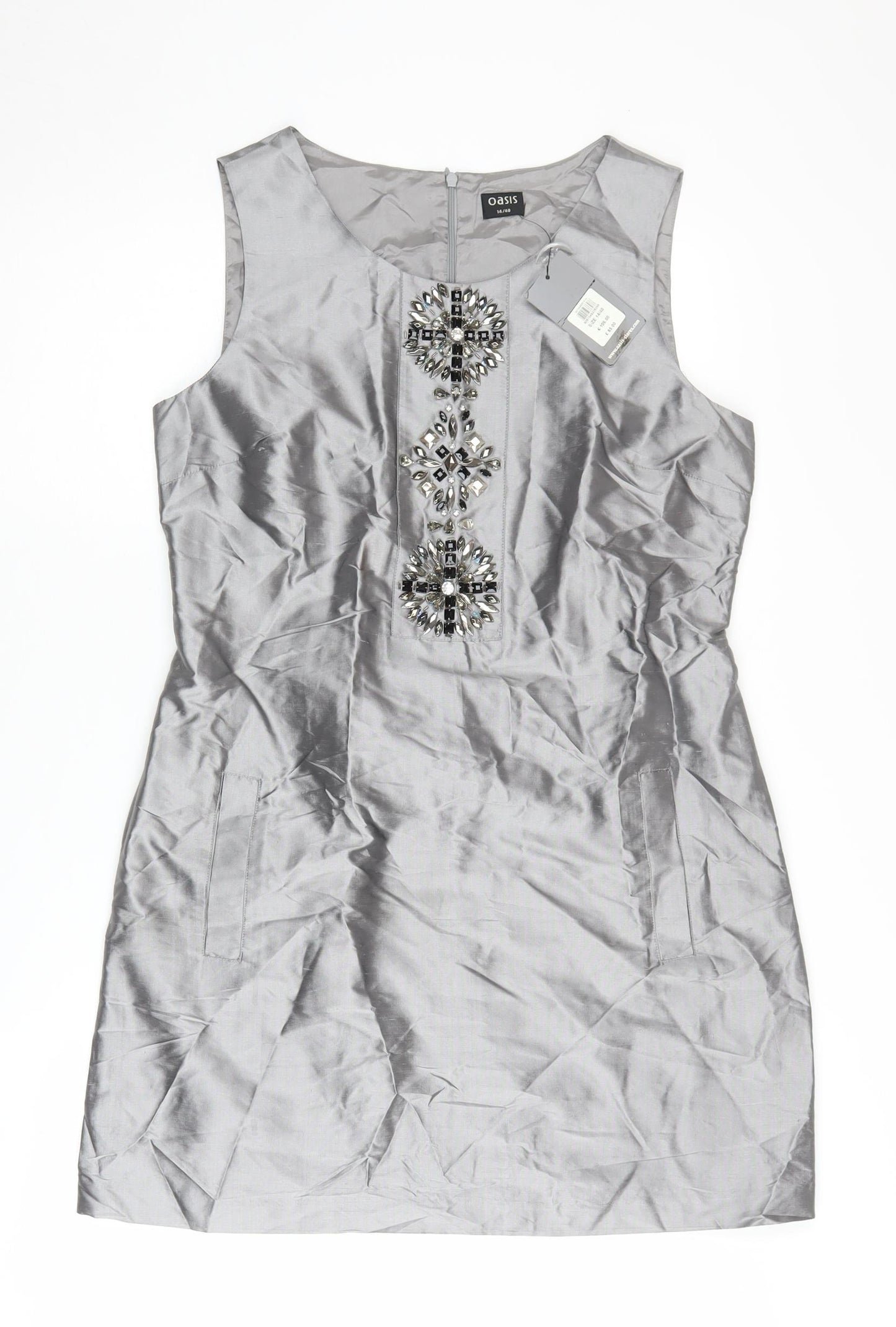Oasis Women Grey Beaded Sheath Dress Size 14
