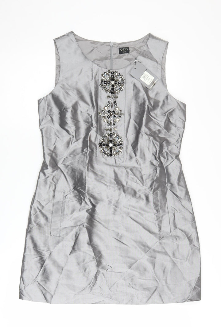 Oasis Women Grey Beaded Sheath Dress Size 14