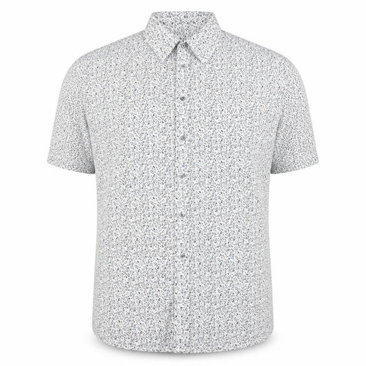 Front view of Double TWO unisex floral button-up shirt, size 16