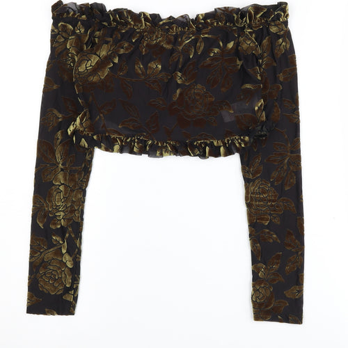 PrettyLittleThing Women's Black Floral Off Shoulder Crop Top