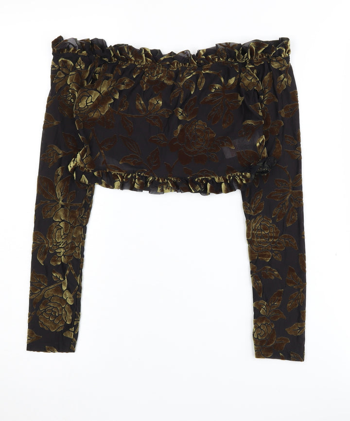 PrettyLittleThing Women's Black Floral Off Shoulder Crop Top