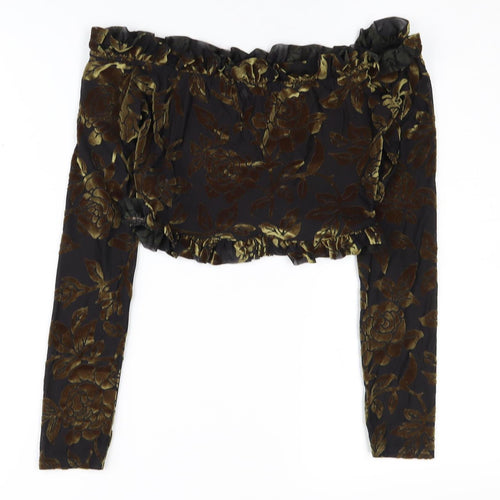 PrettyLittleThing Women's Black Floral Off Shoulder Crop Top