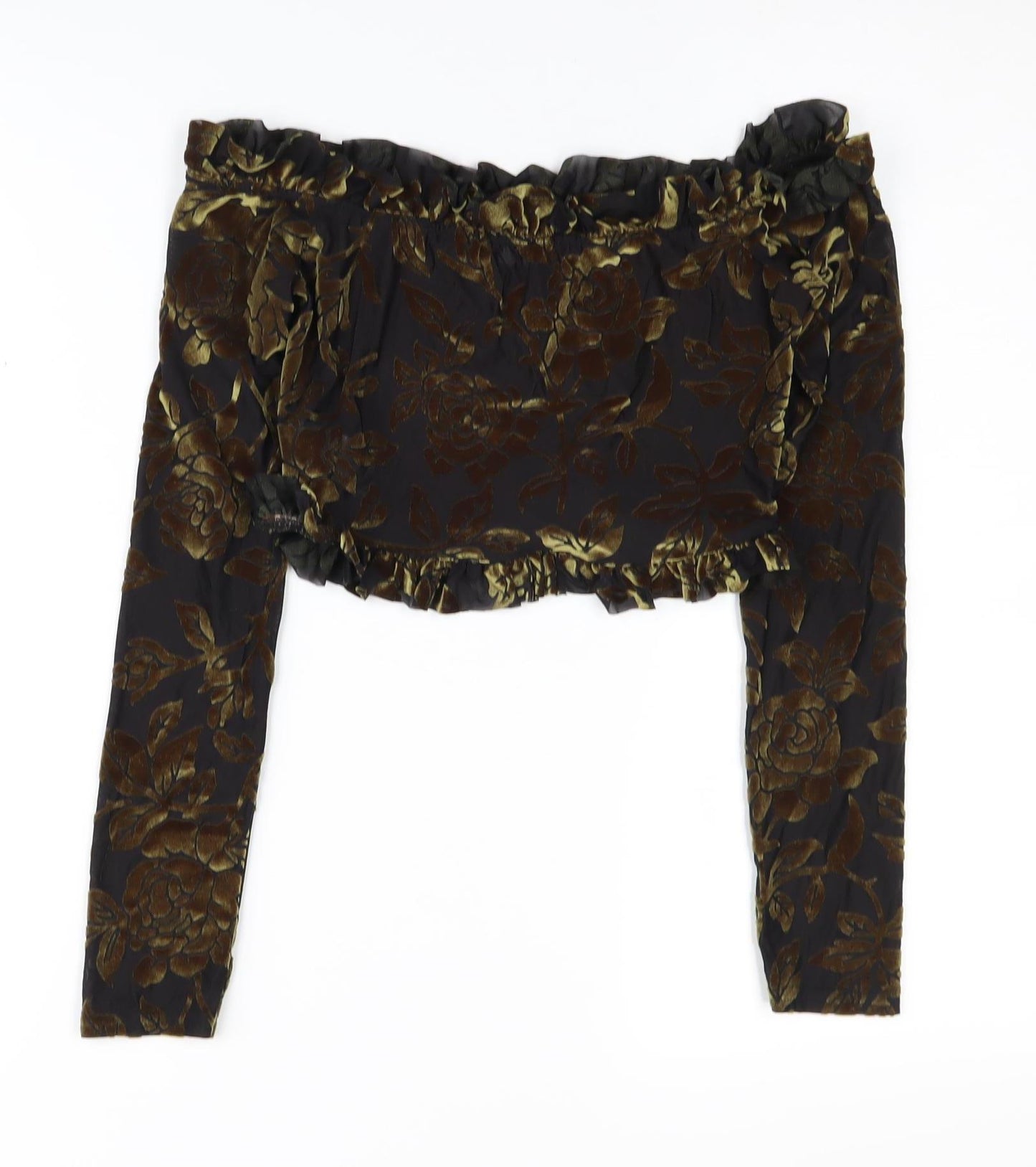 PrettyLittleThing Women's Black Floral Off Shoulder Crop Top