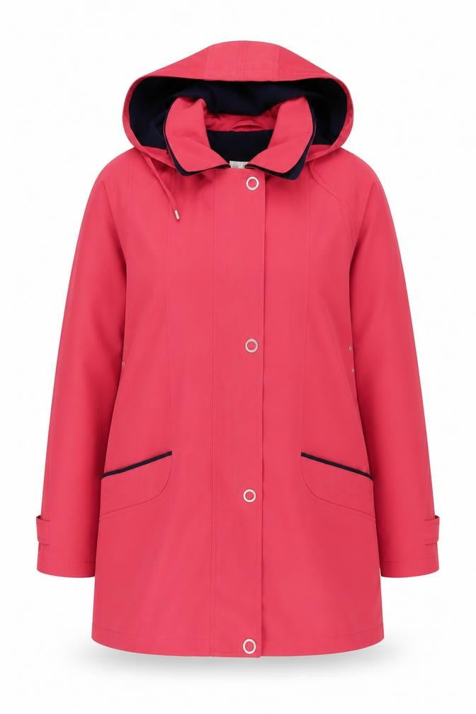 Front view of EWM Women's Red Hooded Rain Coat, size 16