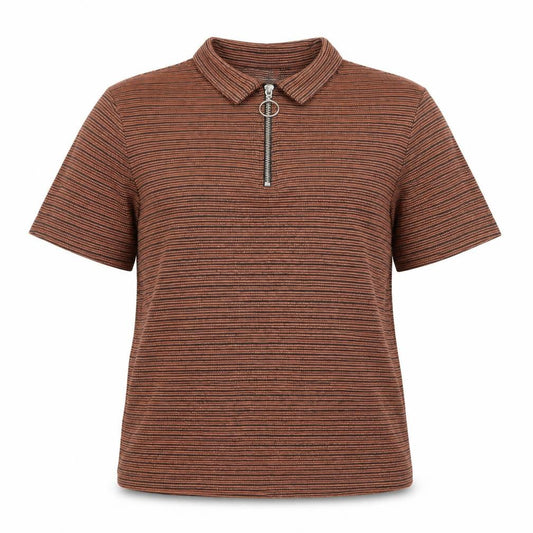 Front view of ASOS DESIGN Women's Brown Polo Shirt, M, Collared Zip Accent