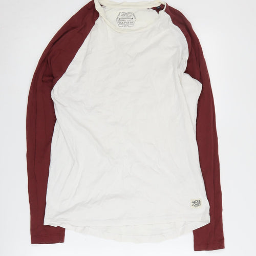 Jack & Jones Men's Long Sleeve Crew Neck T-Shirt - M, White & Red