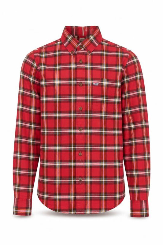 Front view of Hollister Men's Red Plaid Slim Fit Button-Up Shirt M