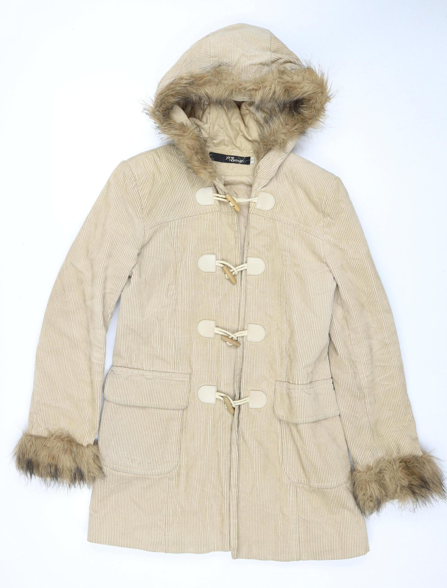 Jane Norman Women's Beige Toggle Hooded Duffle Coat Size 8