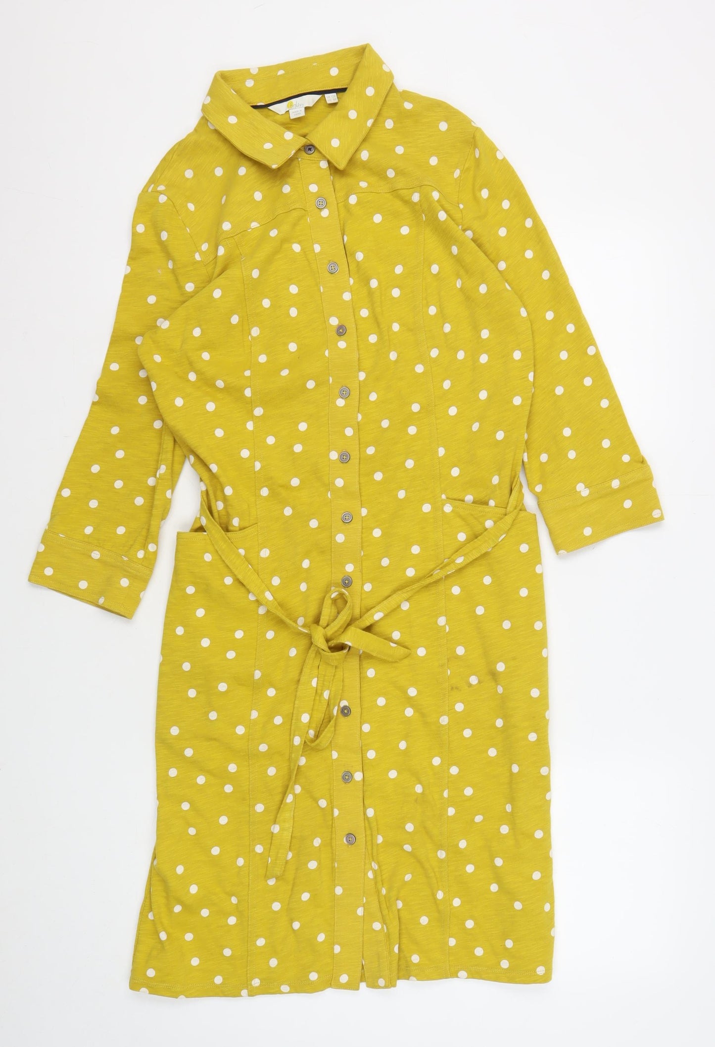 Boden Yellow Polka Dot Shirt Dress, Size 12, Cotton