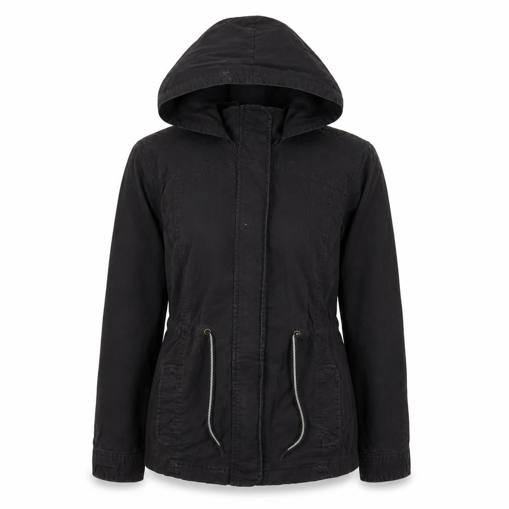 Front view of Gap women’s black parka jacket, s, hooded, casual