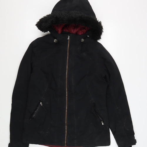Crane Women's Black Parka Jacket S Hooded Fur Trim