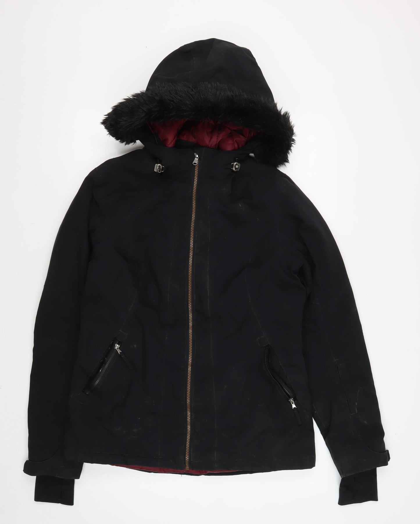 Crane Women's Black Parka Jacket S Hooded Fur Trim