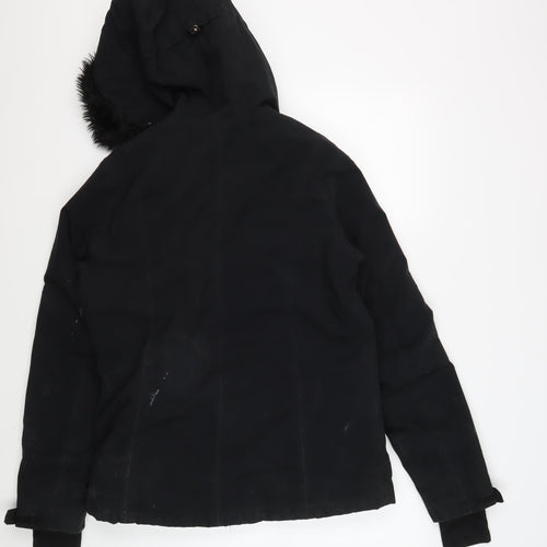 Crane Women's Black Parka Jacket S Hooded Fur Trim