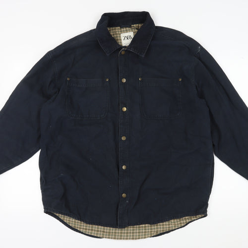 Zara Men's Blue Cotton Jacket L - Casual Mid-Length Style