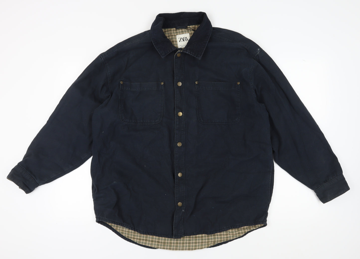 Zara Men's Blue Cotton Jacket L - Casual Mid-Length Style