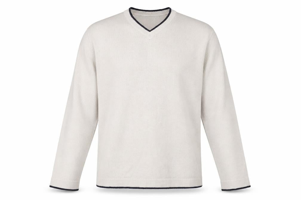 Front view of Freeport Men's Beige jumper, size L, - Acrylic, V-Neck
