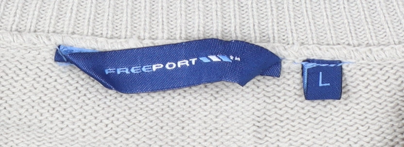 Freeport Men's Beige Pullover Jumper, Size L - Acrylic, V-Neck