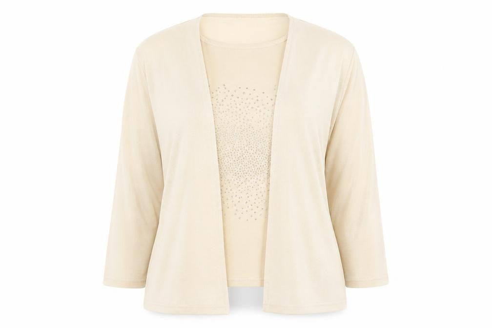 Front view of Falconi Women's Beige Blouse, size 18, Glitter Accent