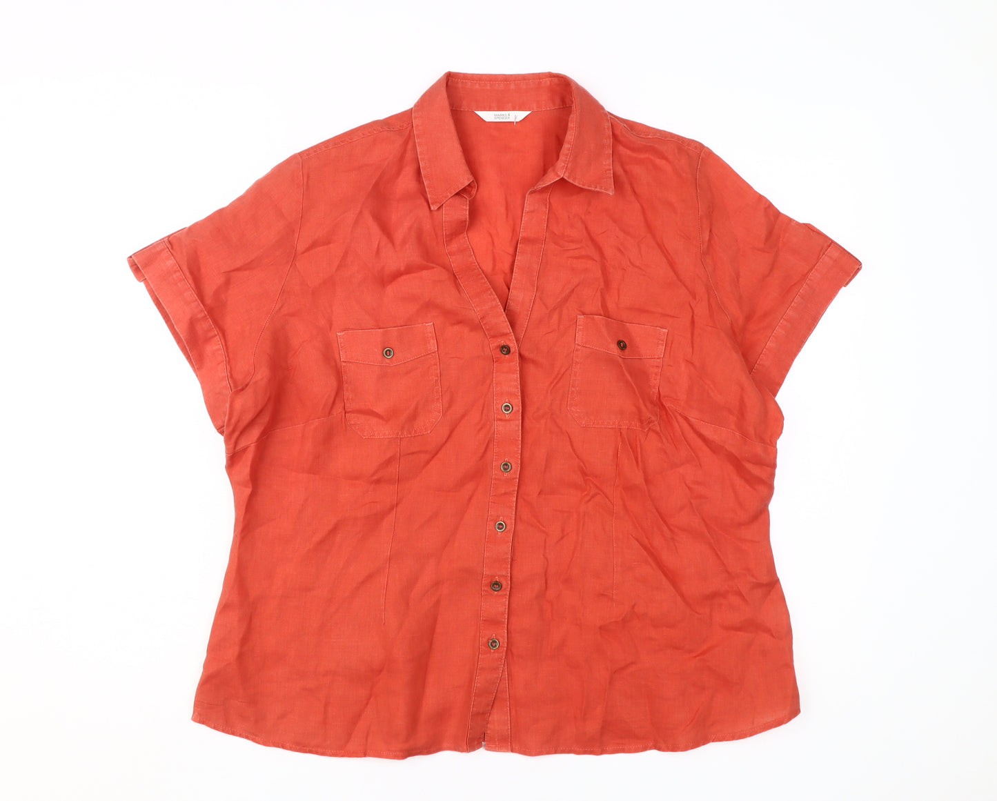 Marks and Spencer Women's Red Linen Button-Up Shirt, Size 18