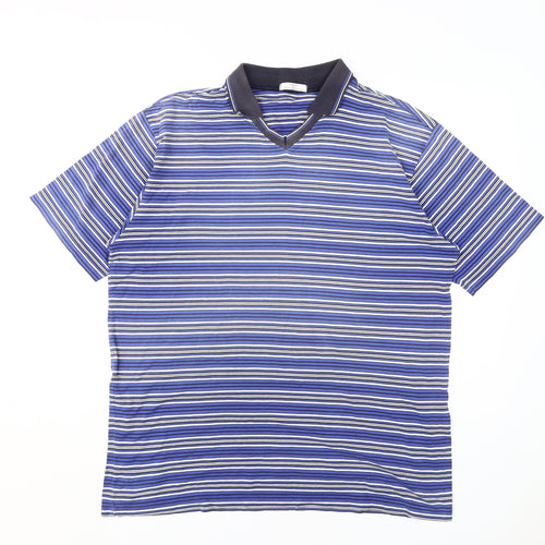 Marks and Spencer Men's Blue Striped Collared T-Shirt XL