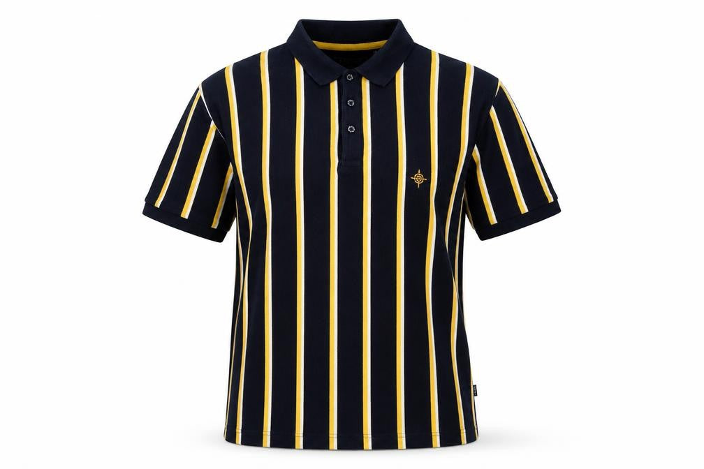 Maine New England Men's Black Striped Polo, Size L