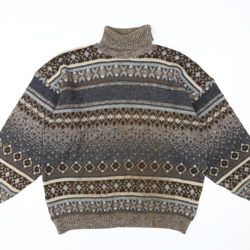 C&A Men's XL Brown Fair Isle Roll Neck Jumper