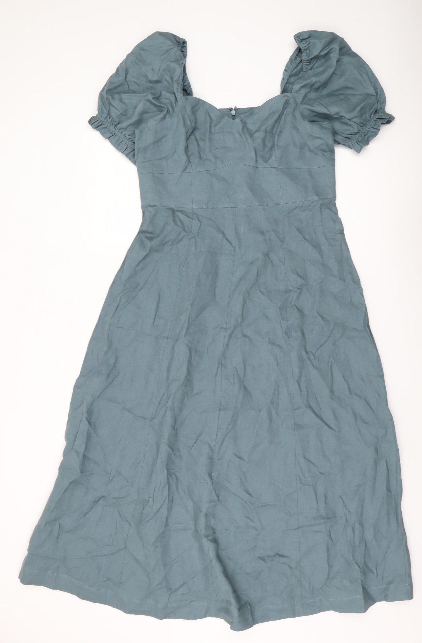 Boden Women's Green A-Line Midi Dress, Size 12, Puff Sleeve
