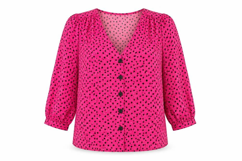 Front view of Dunnes Women's Pink Polka Dot V-Neck Blouse, size M