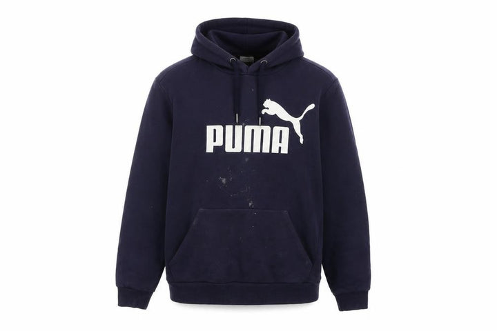 Front view of Puma Men's Blue Hoodie, size S, Logo Accents